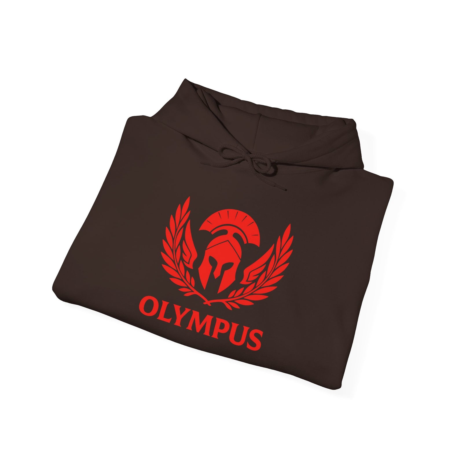 Folded brown hoodie with red 'Olympus' logo on a white background