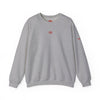 Gray sweatshirt with a small red logo on a white background