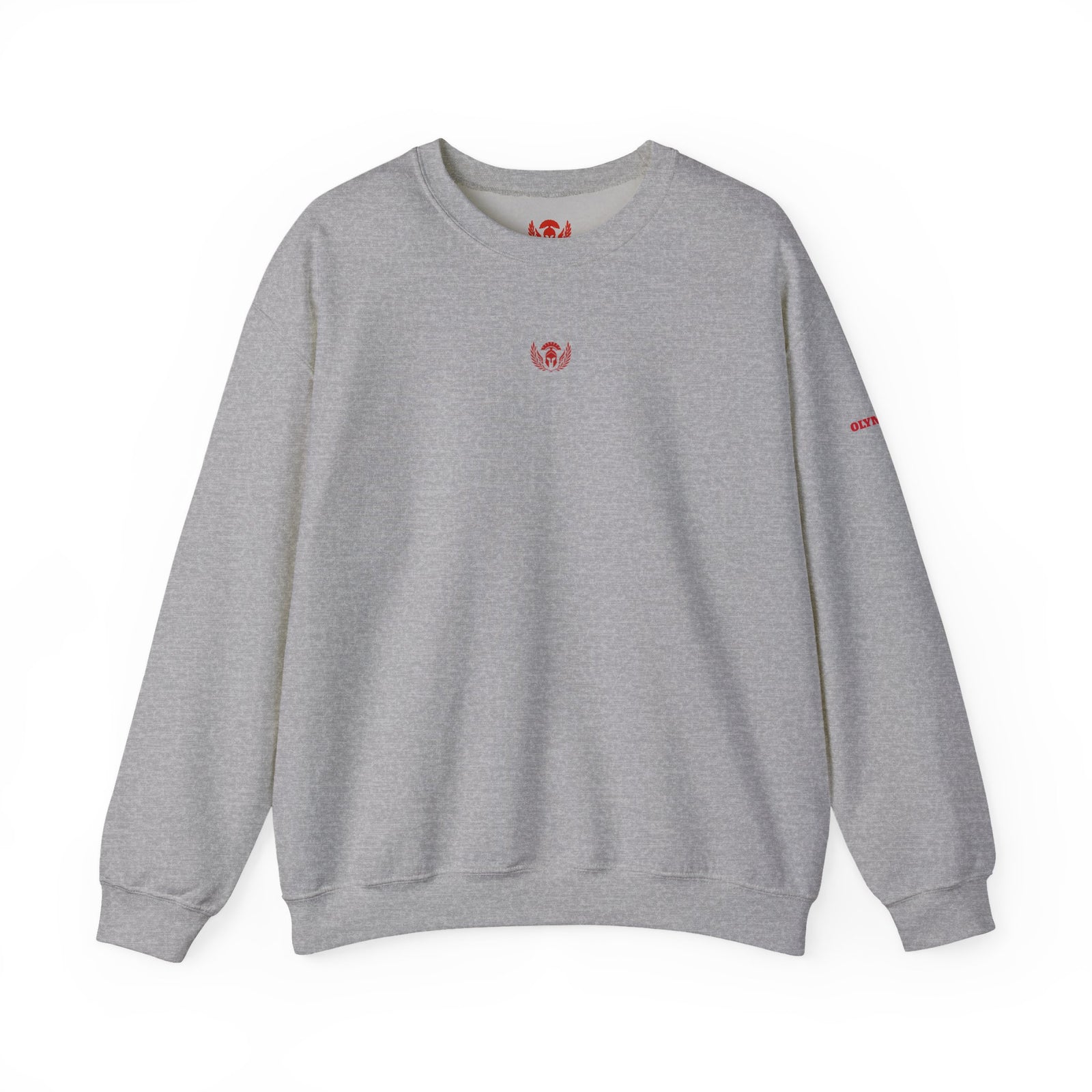 Gray sweatshirt with a small red logo on a white background