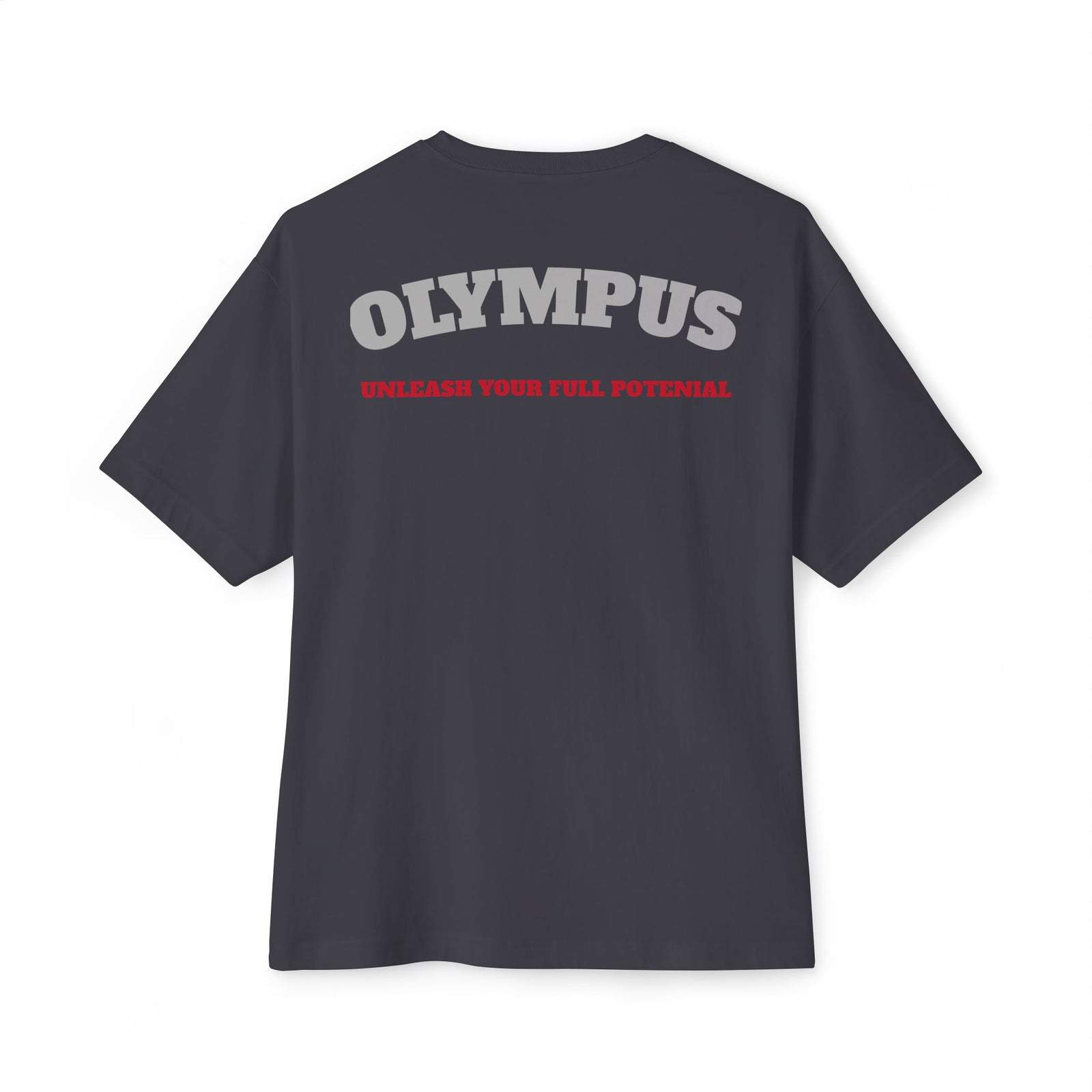 Black t-shirt with 'OLYMPUS' and 'UNLEASH YOUR FULL POTENTIAL' text on a white background