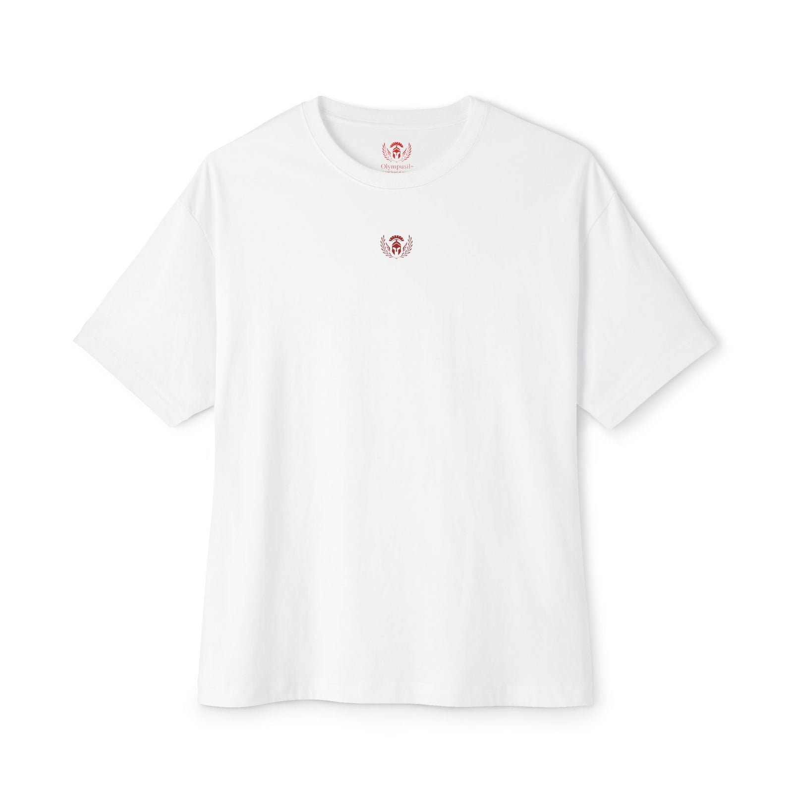 White t-shirt with a small red logo on a white background
