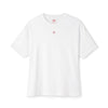 White t-shirt with a small red logo on a white background