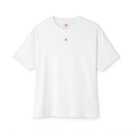 White t-shirt with a small red logo on a white background