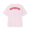 Pink t-shirt with 'OLYMPUS' printed on the back against a white background
