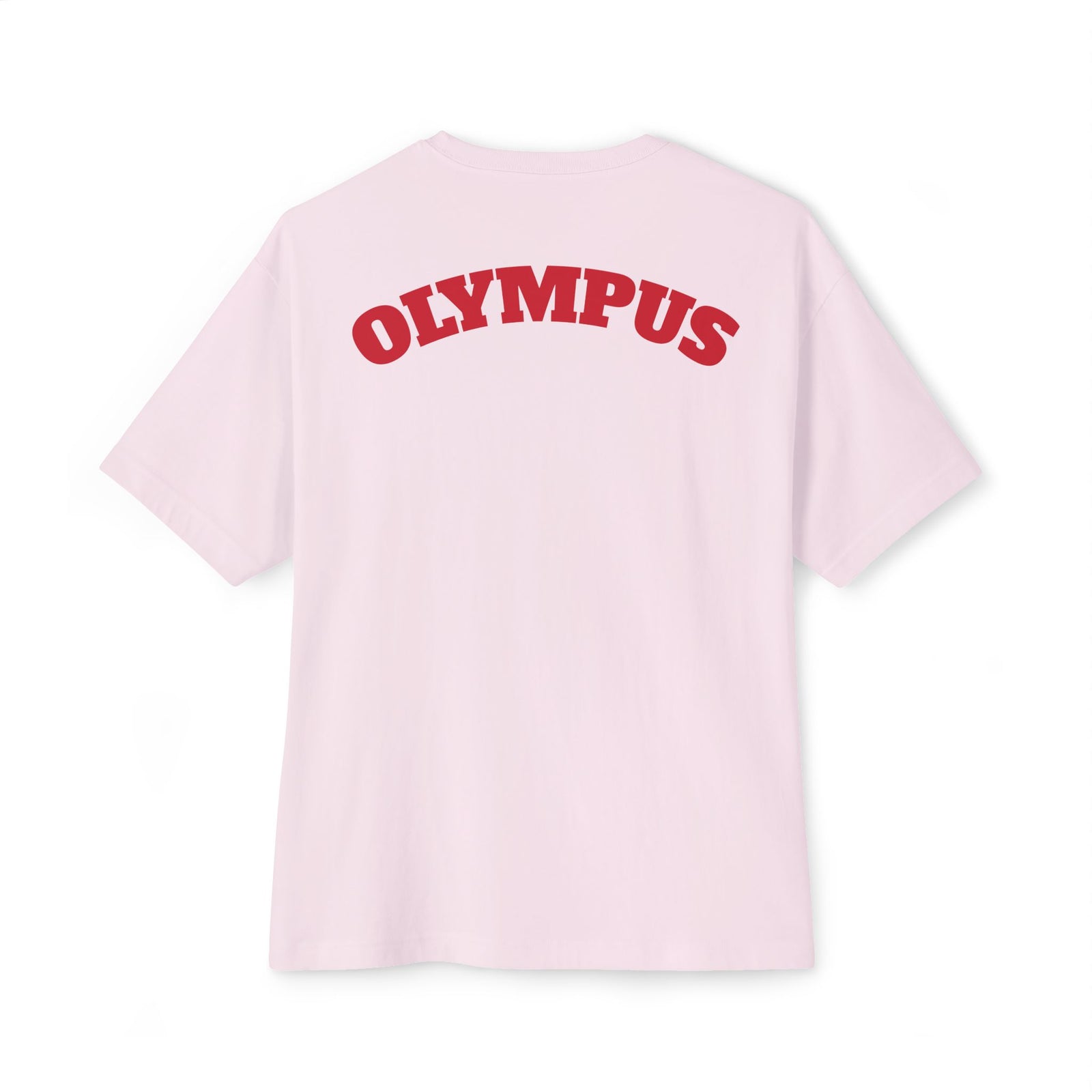Pink t-shirt with 'OLYMPUS' printed on the back against a white background