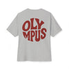 Gray t-shirt with red 'OLYMPUS' text on a white background