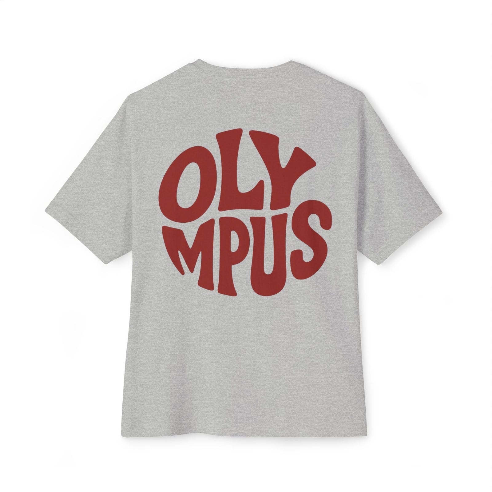 Gray t-shirt with red 'OLYMPUS' text on a white background
