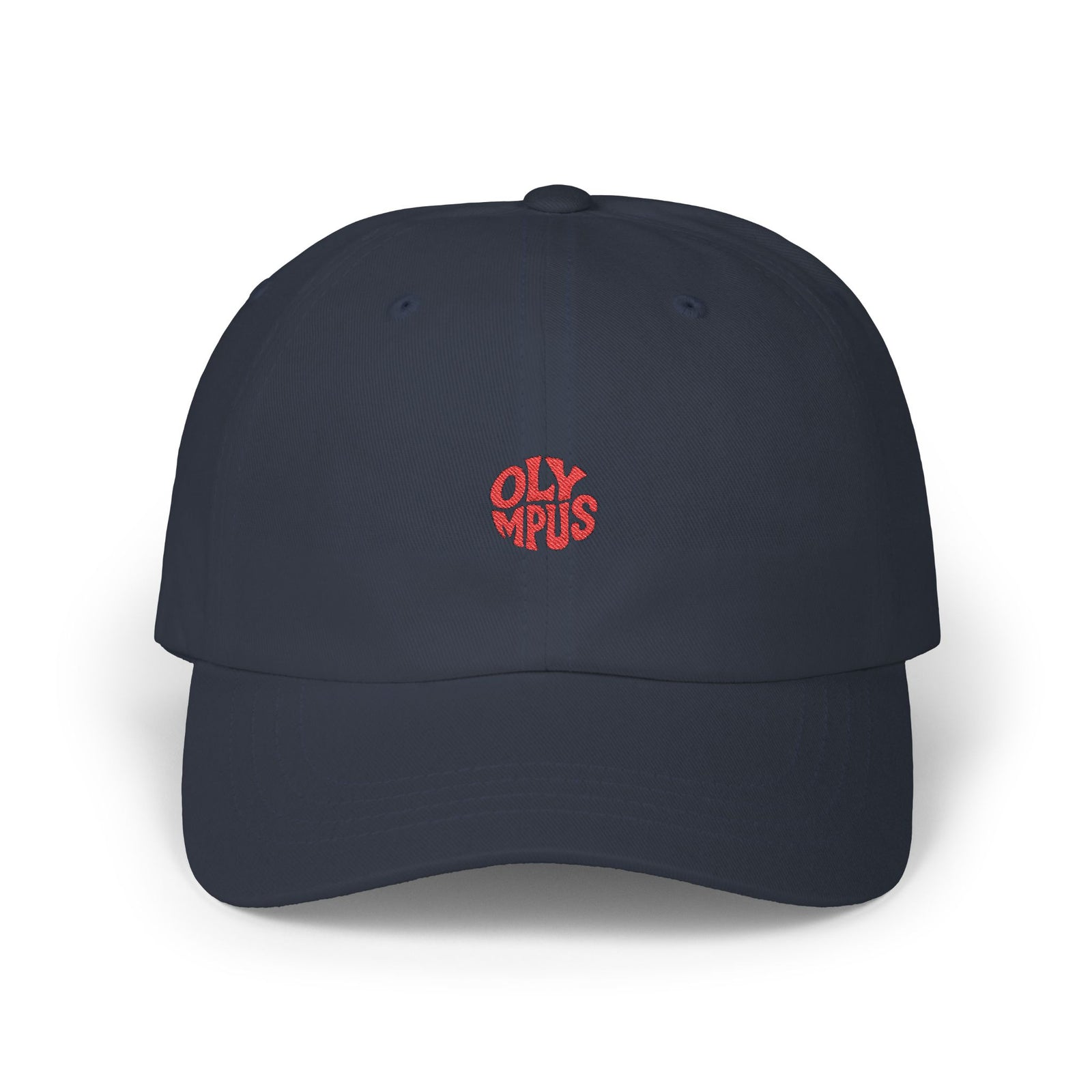 Navy blue cap with red 'Olympos' logo on a white background