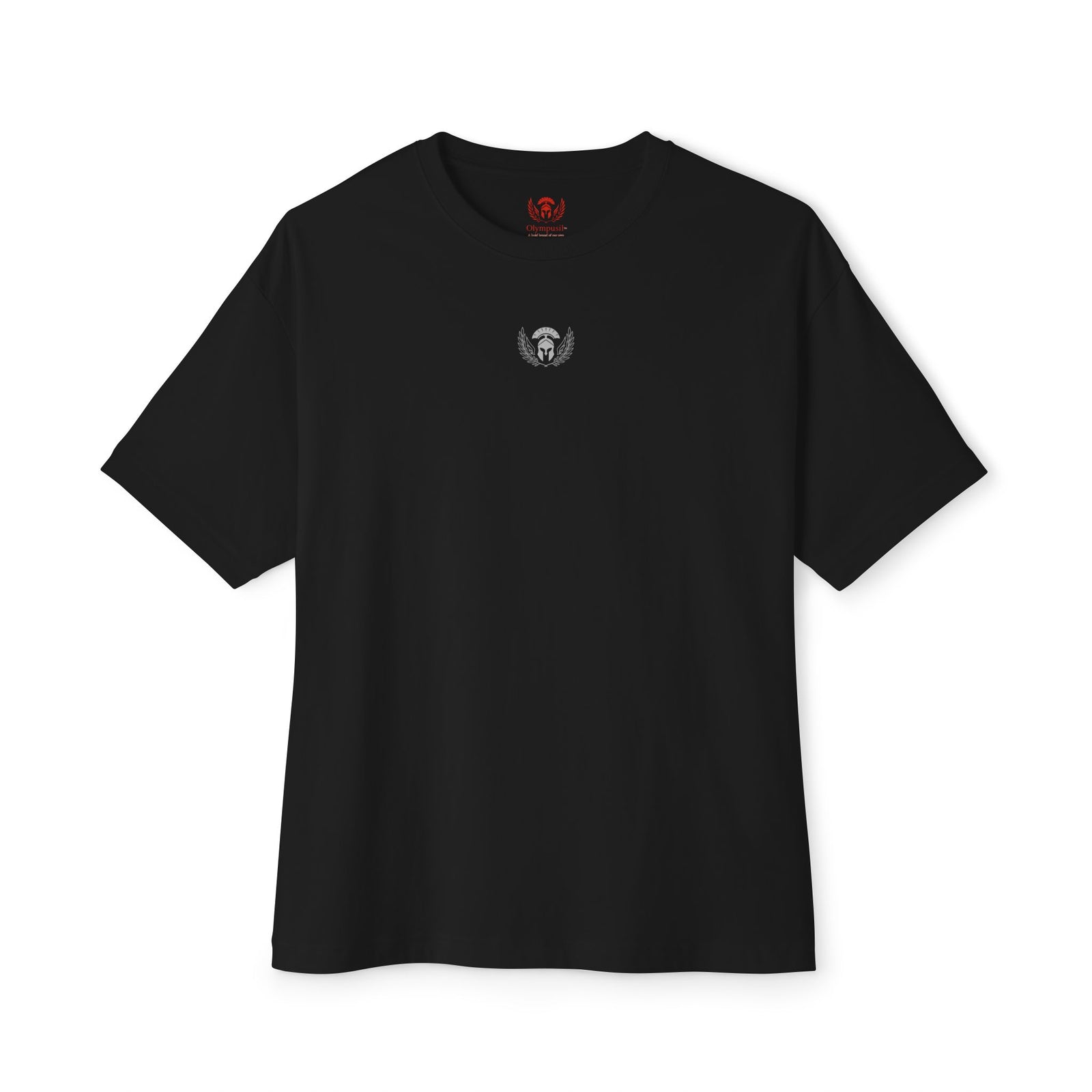 Black t-shirt with a small logo on a white background