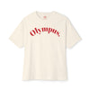 White t-shirt with 'Olympus' text in red on a white background