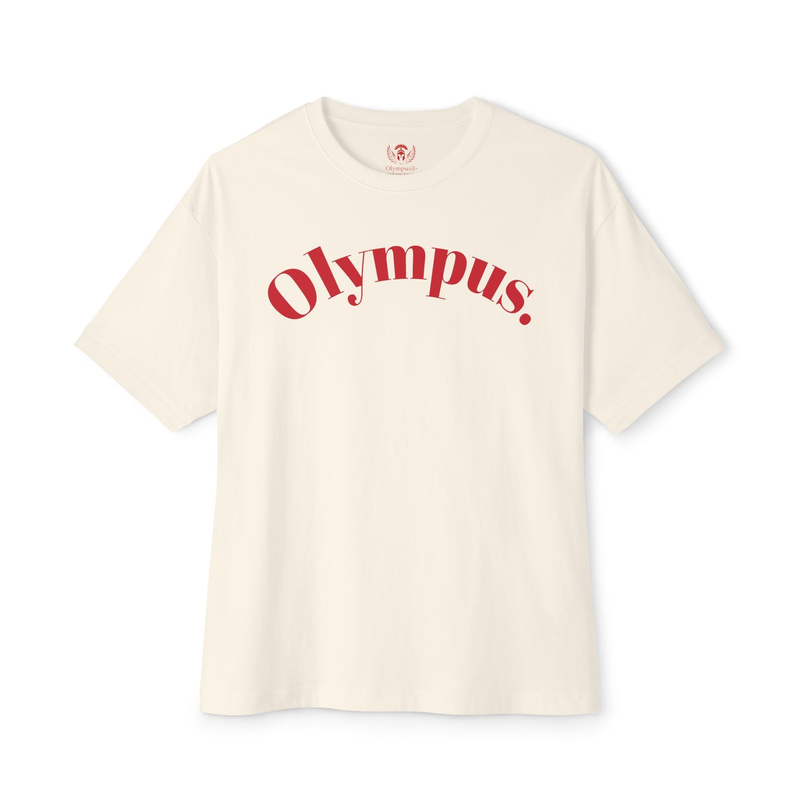 White t-shirt with 'Olympus' text in red on a white background