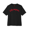 Black t-shirt with 'Olympus' printed in red on a white background