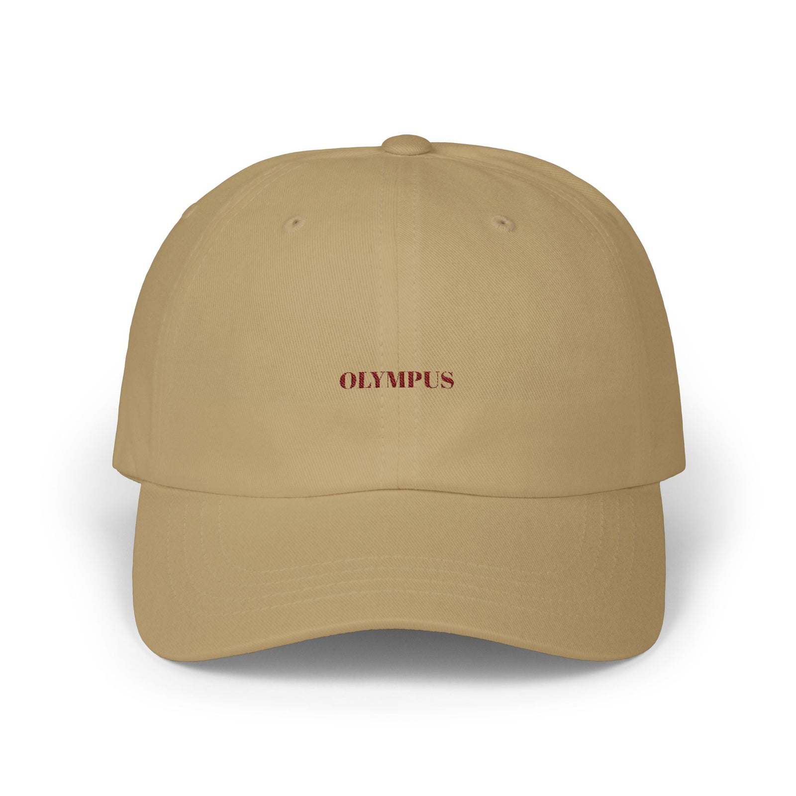 Beige cap with 'OLYMPUS' logo on a white background