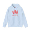 Light blue hoodie with red 'Olympus' logo on a white background