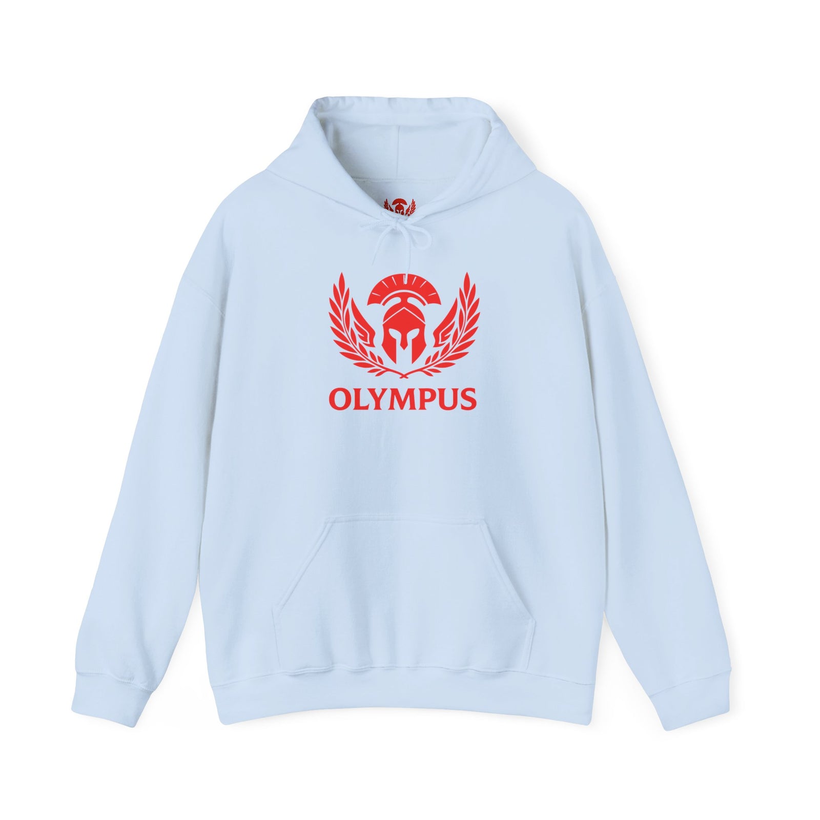 Light blue hoodie with red 'Olympus' logo on a white background
