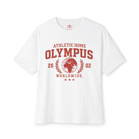 White t-shirt with red 'Olympus' graphic design on a white background