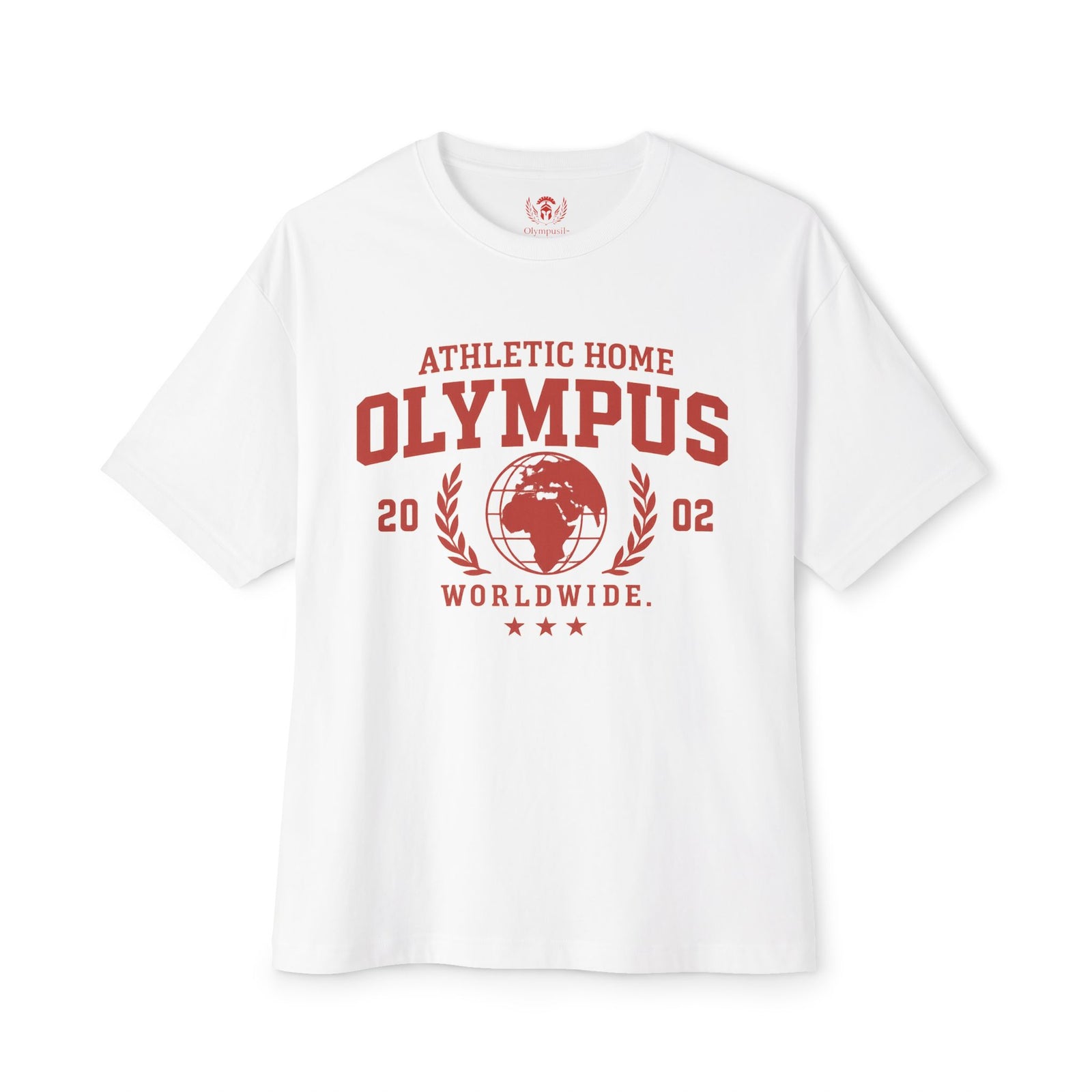 White t-shirt with red 'Olympus' graphic design on a white background