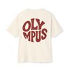 Beige t-shirt with 'OLYMPUS' printed in red on a white background