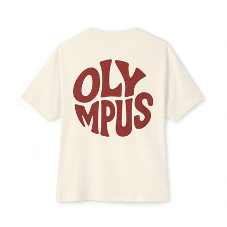 Beige t-shirt with 'OLYMPUS' printed in red on a white background