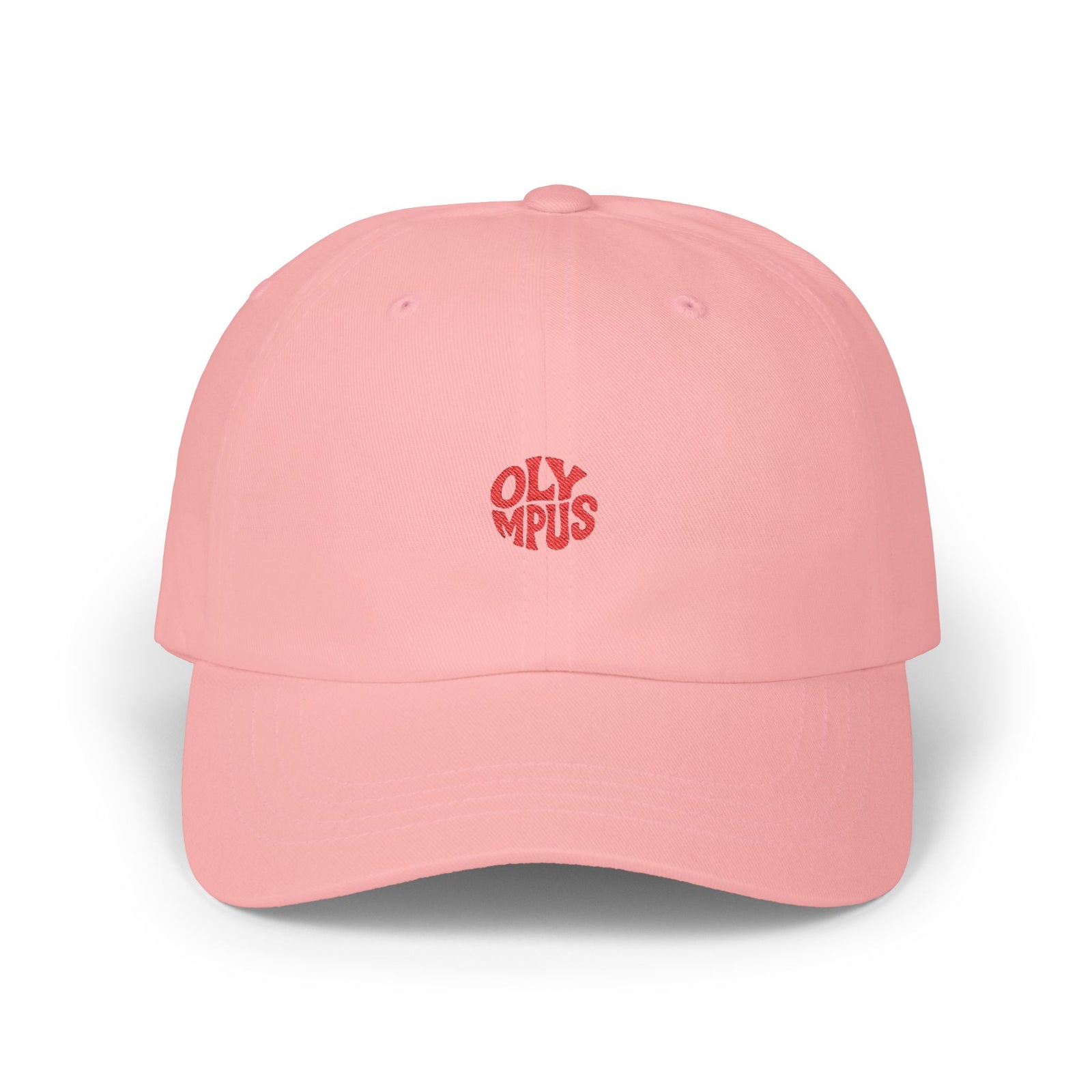 Pink cap with 'OLYMPUS' logo on a white background