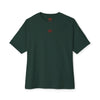 Green t-shirt with a red logo on a white background