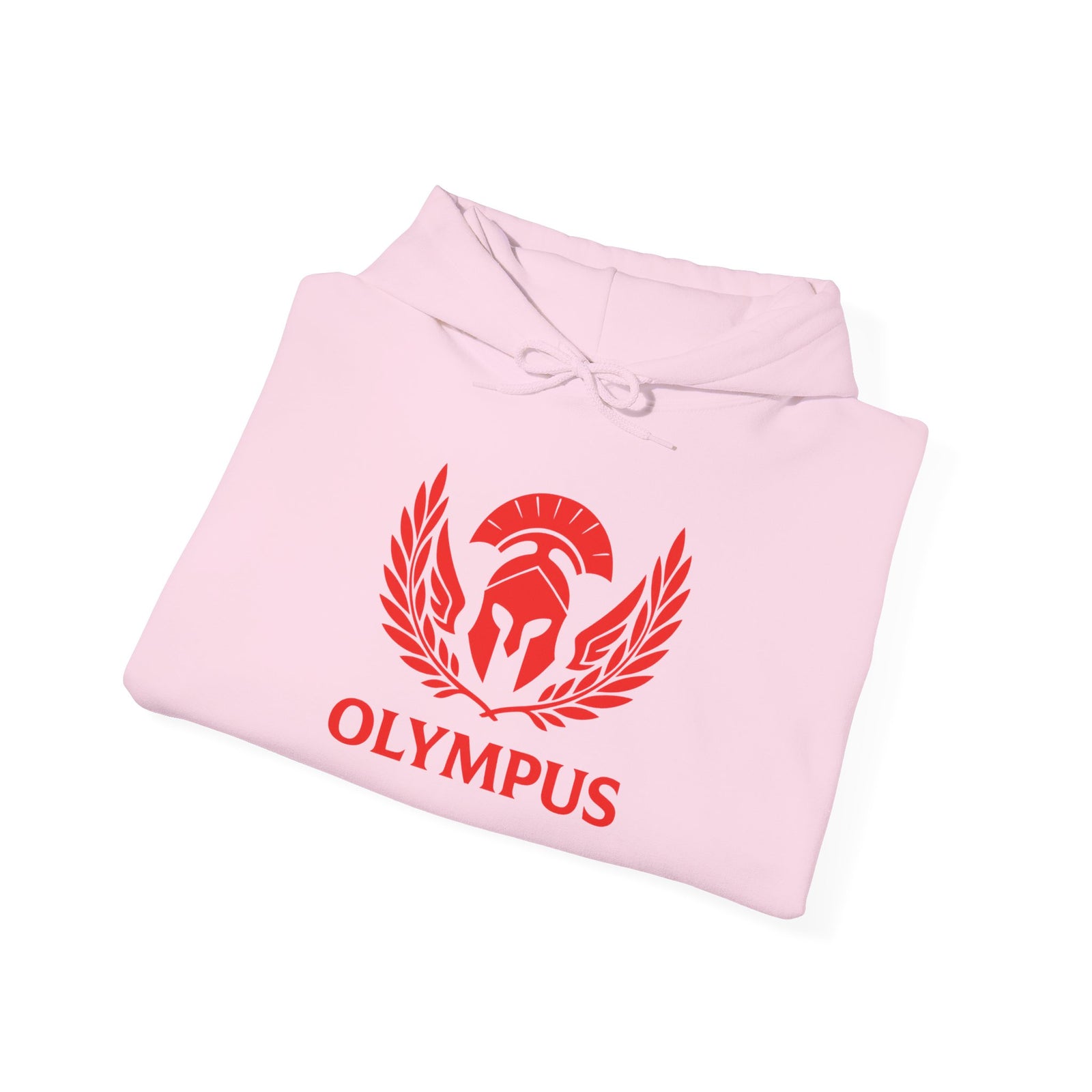 Pink hoodie with red logo and 'OLYMPUS' text on a white background