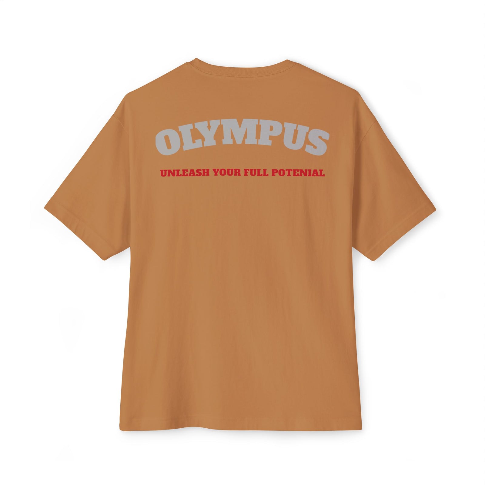 Brown t-shirt with 'OLYMPUS UNLEASH YOUR FULL POTENTIAL' text on a white background