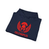 Folded navy blue hoodie with red 'Olympus' logo on a white background
