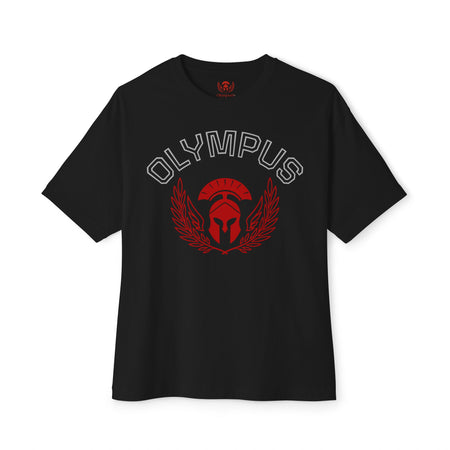 Black t-shirt with 'Olympus' design featuring a helmet and wings on a white background