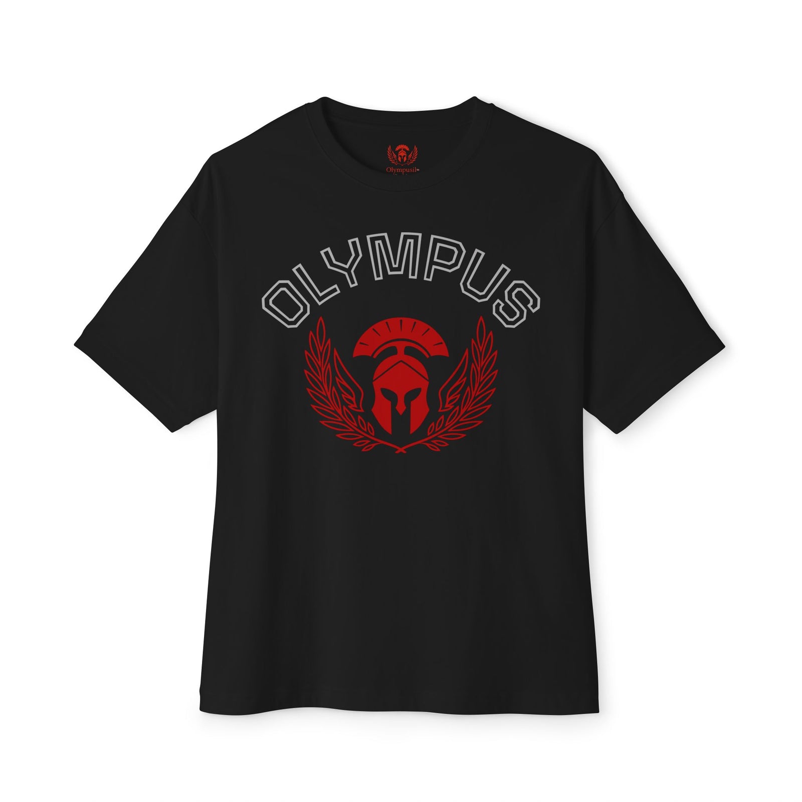 Black t-shirt with 'Olympus' design featuring a helmet and wings on a white background