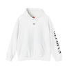White hoodie with branding on a white background