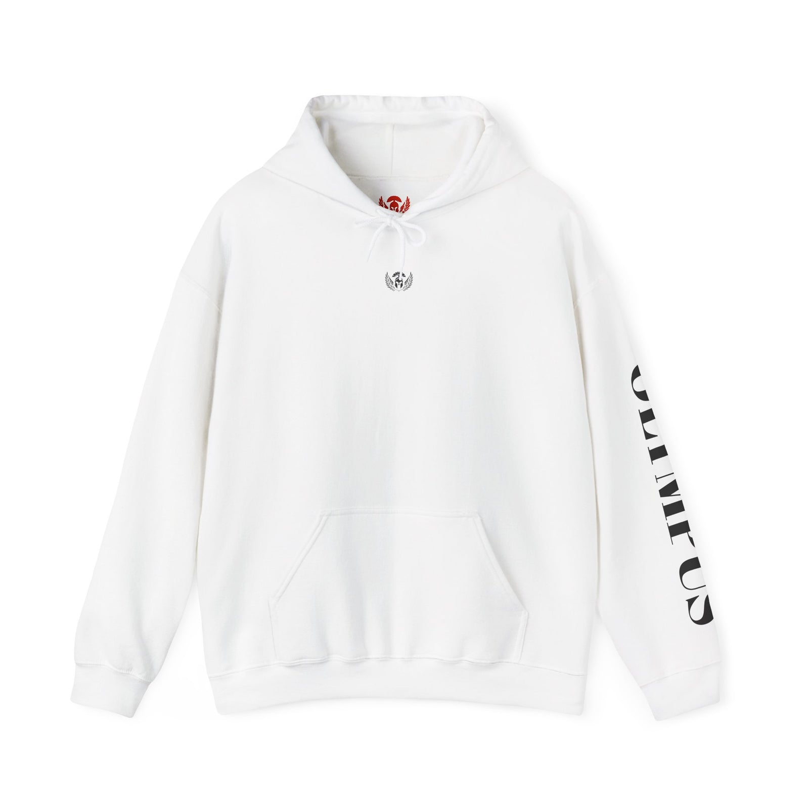 White hoodie with branding on a white background