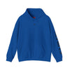 Blue hoodie with branding on sleeve against a white background