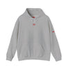 Gray hoodie with red logo on a white background