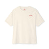 Beige t-shirt with red text on a white background