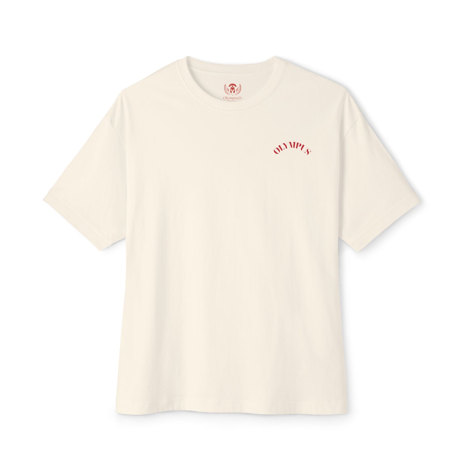 Beige t-shirt with red text on a white background