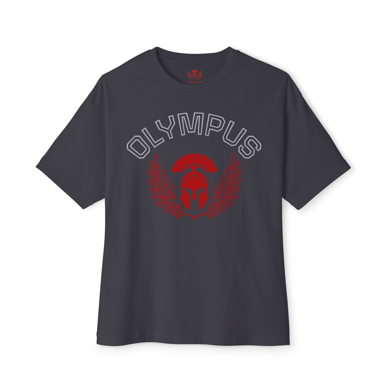 Black t-shirt with red and white 'Olympus' design on a white background