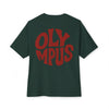 Green t-shirt with red 'OLYMPUS' text on a white background