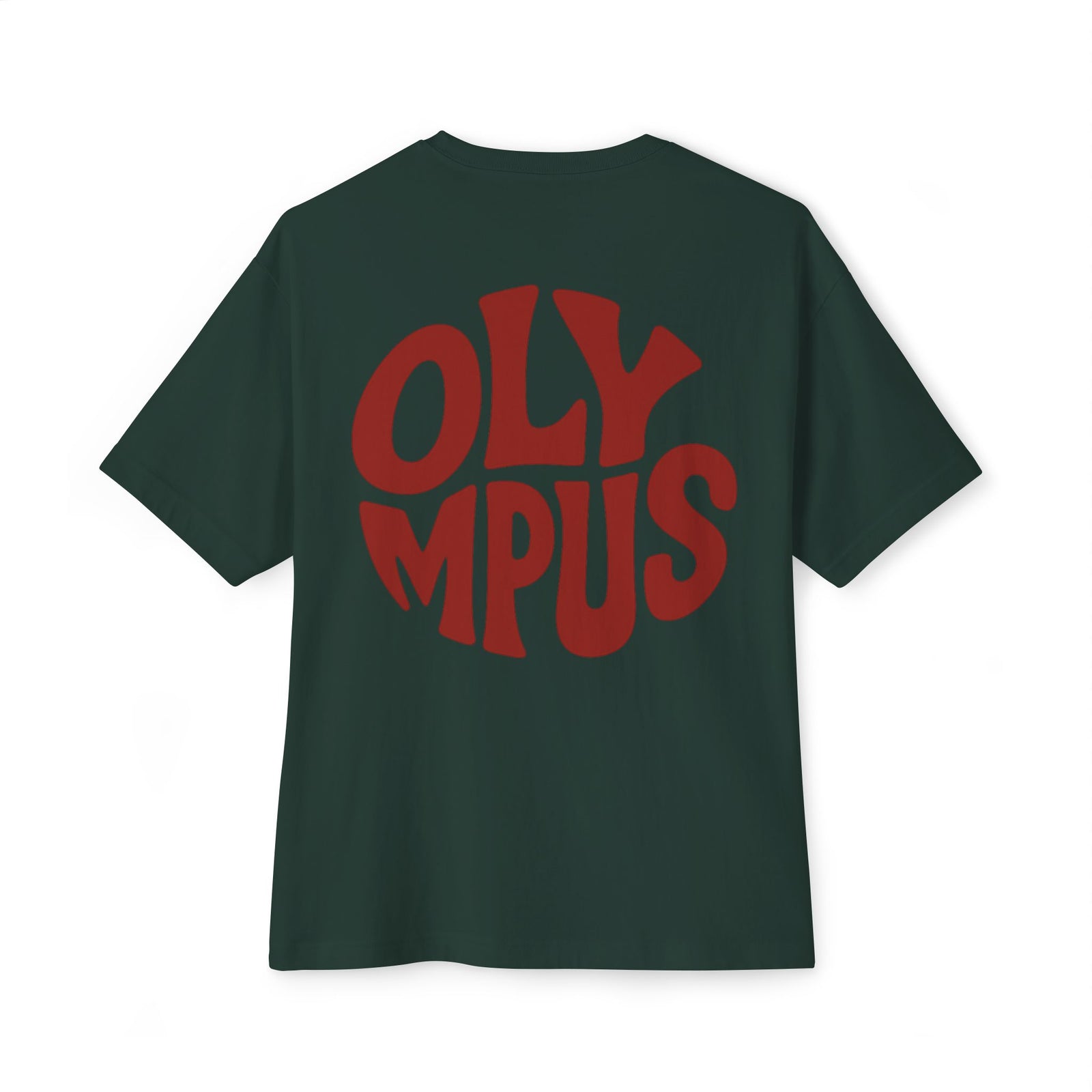 Green t-shirt with red 'OLYMPUS' text on a white background