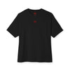 Black t-shirt with a red logo on a white background