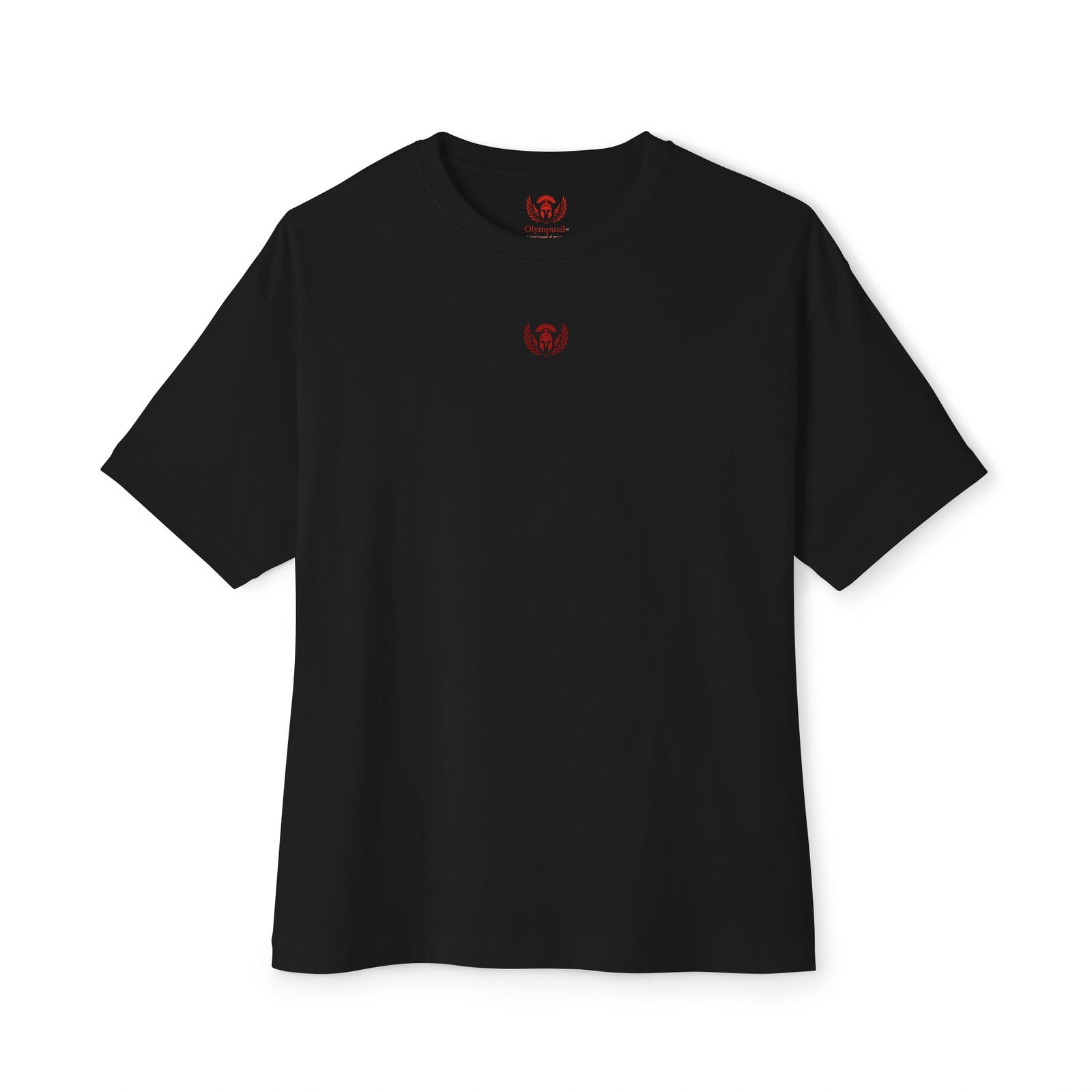 Black t-shirt with a red logo on a white background