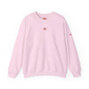 Pink sweatshirt with small logos on a white background
