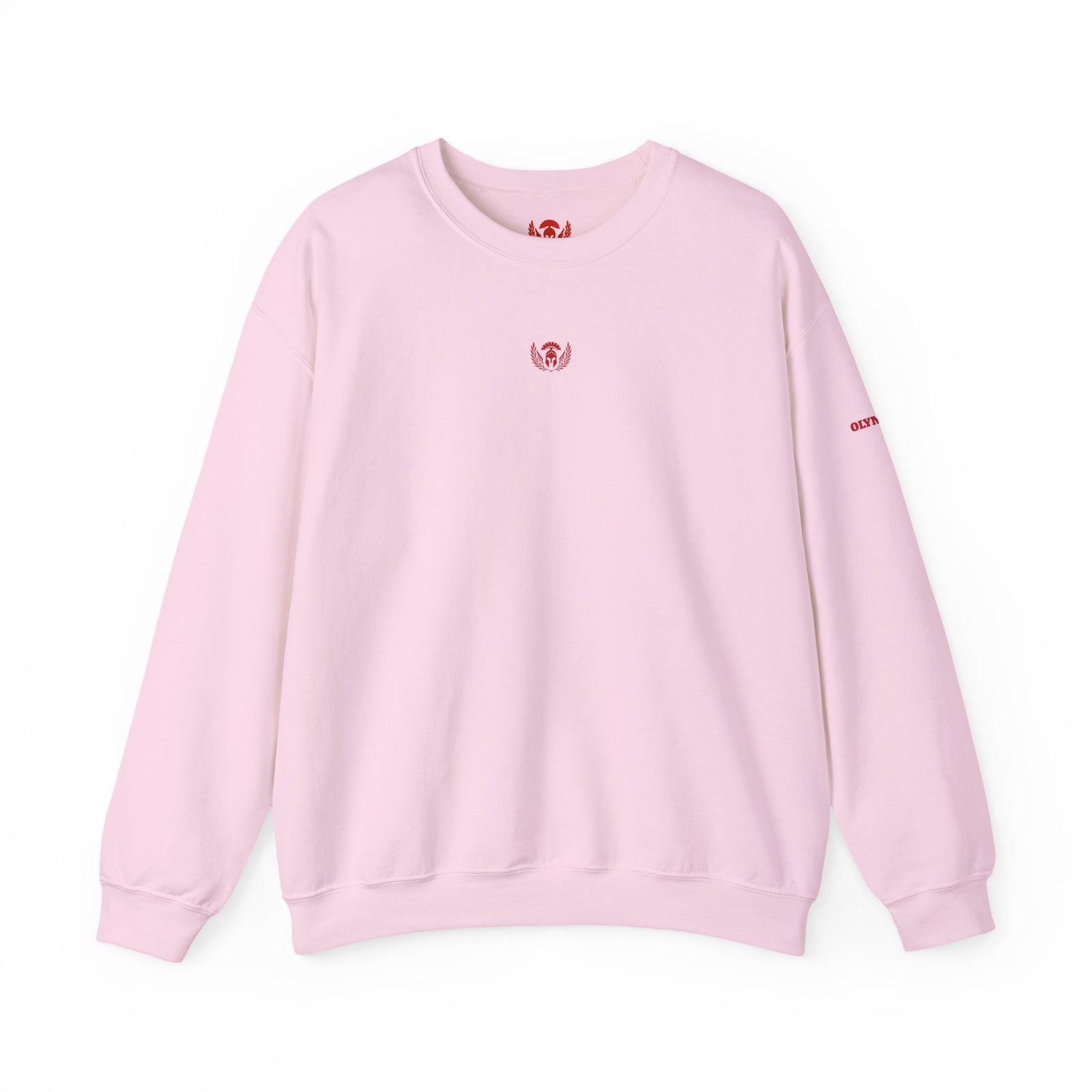 Pink sweatshirt with small logos on a white background