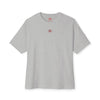 Gray t-shirt with a small red logo on a white background