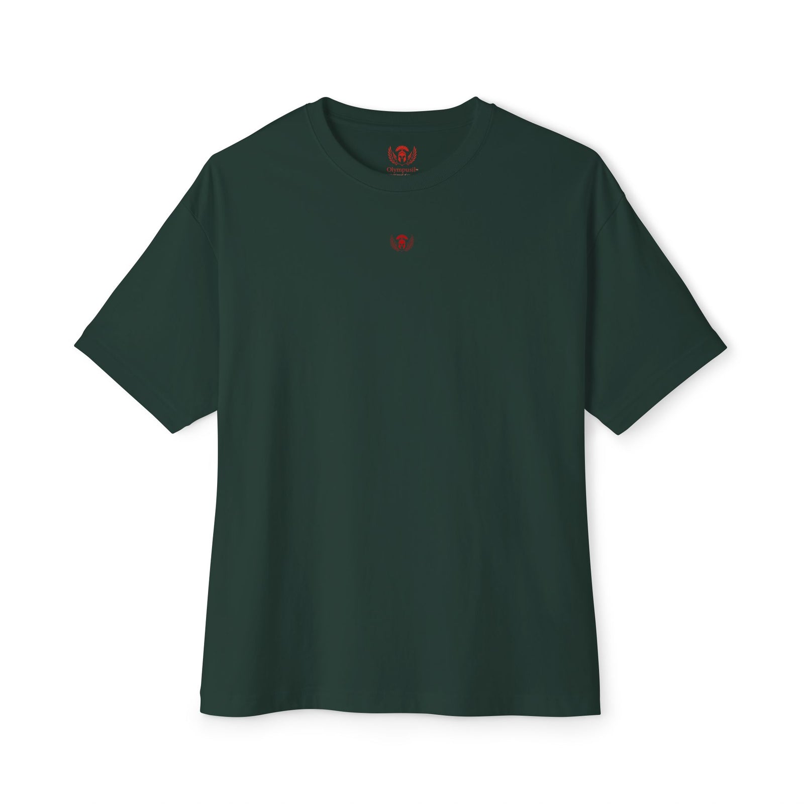 Dark green t-shirt with a small red logo on a white background