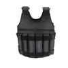 Black weighted vest with weight capacity label on a white background