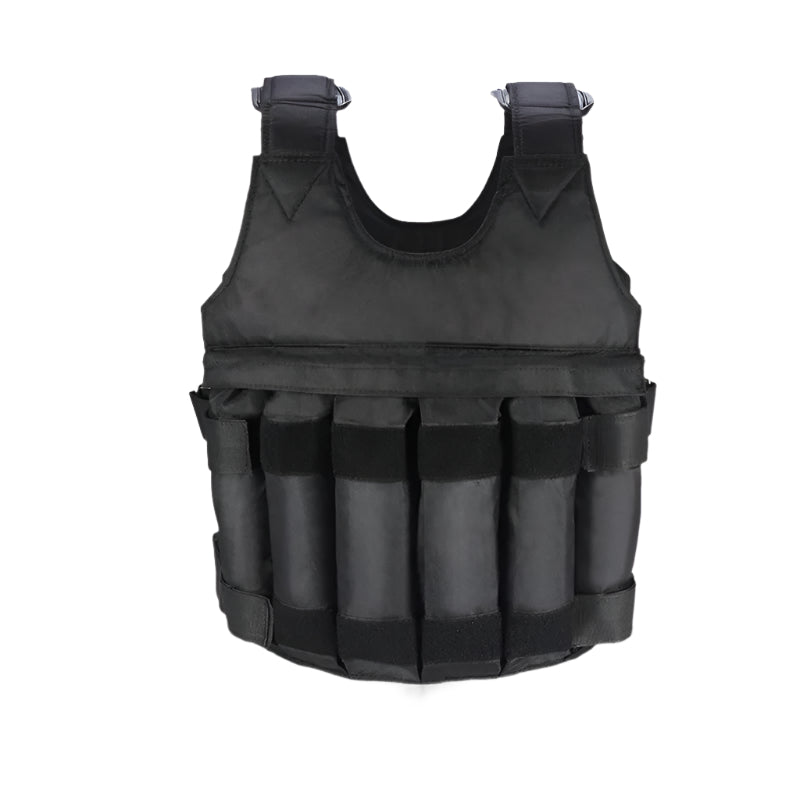 Black weighted vest with weight capacity label on a white background