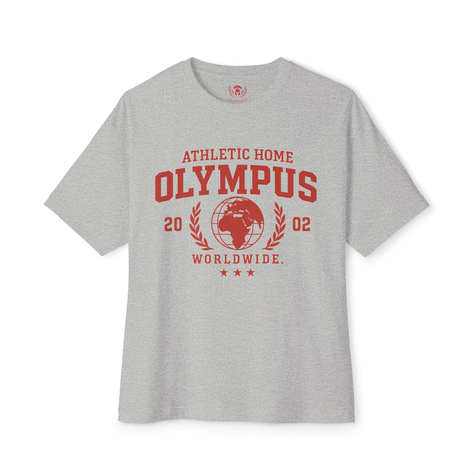 Gray t-shirt with red 'Olympus' graphic on a white background