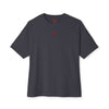 Dark gray t-shirt with a small red logo on a white background