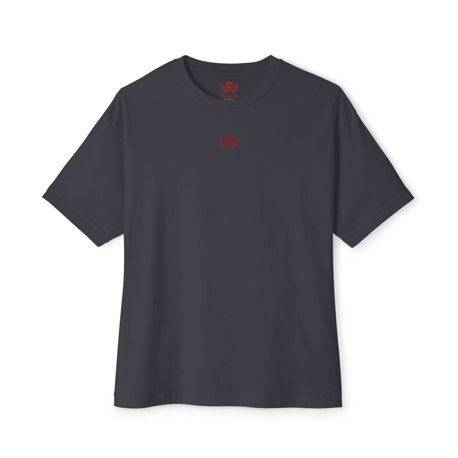 Dark gray t-shirt with a small red logo on a white background